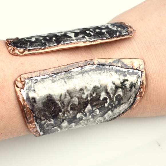 Fleur De Lis Silver Wide Solid Copper Cuff Bracelet Boho Biker Handmade Rustic - Picture 1 of 8